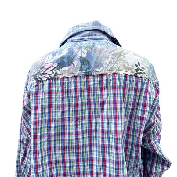 90's Desigual Long Sleeve Plaid Patchwork Floral Button Up‎ Shirt Unisex Mens M - Picture 11 of 12